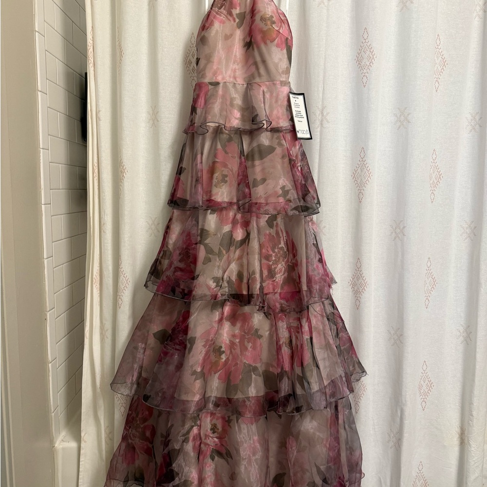 Floral Pink Tiered Evening Gown